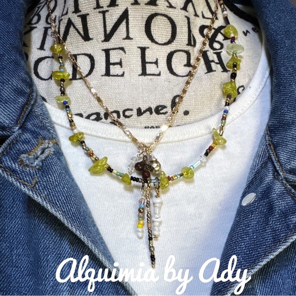 Statement necklace layered peridot multi charms handmade bohemian